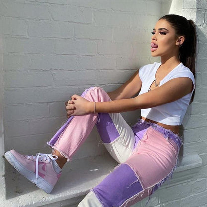 Casual Patchwork Color High Waist Denim Jeans Pants Angelwarriorfitness.com