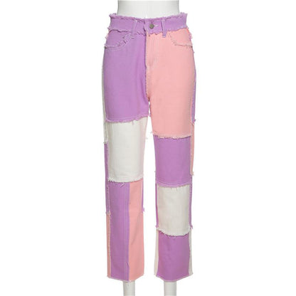 Casual Patchwork Color High Waist Denim Jeans Pants Angelwarriorfitness.com