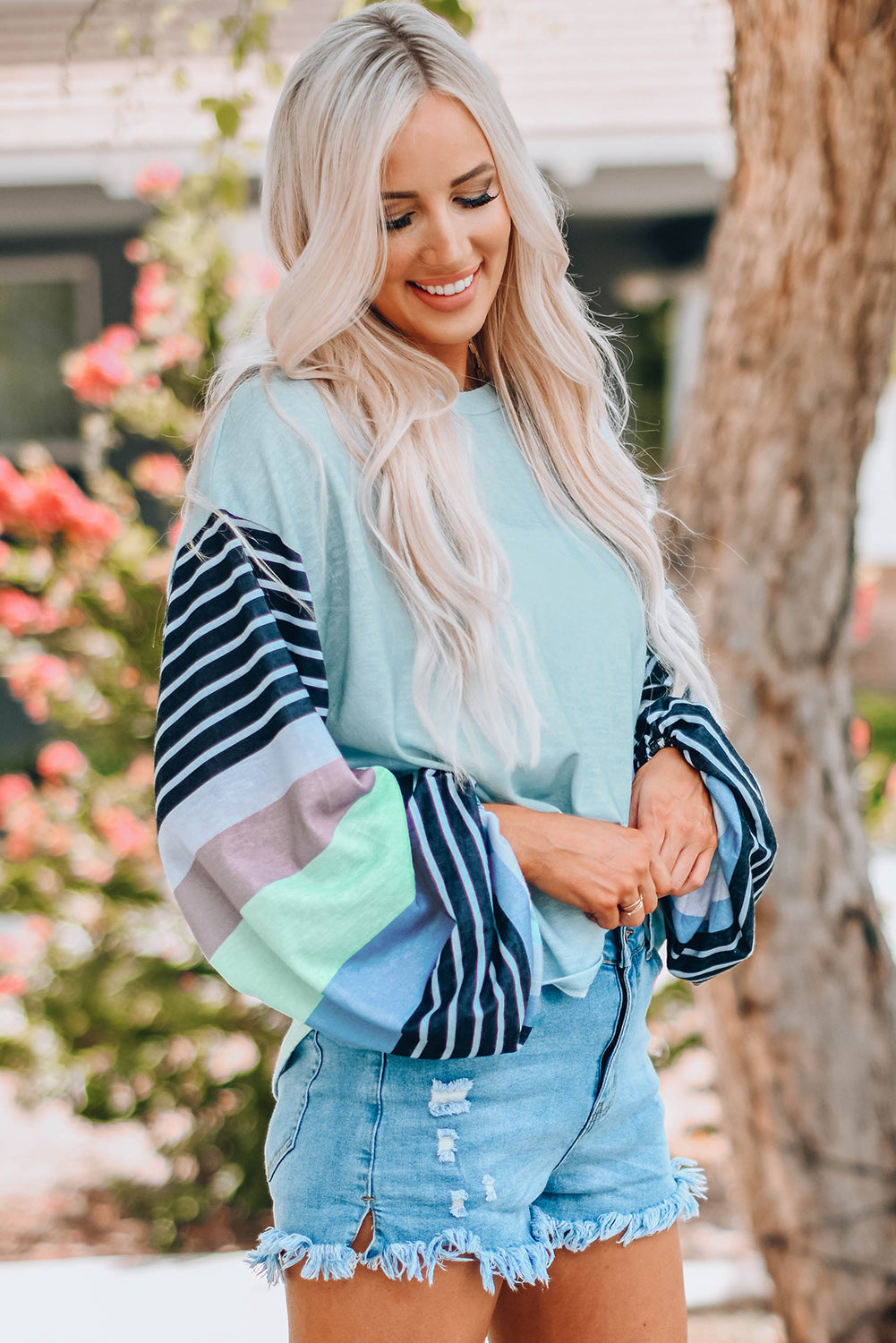 Striped Colorblock Long Sleeve Knit Top Angelwarriorfitness.com