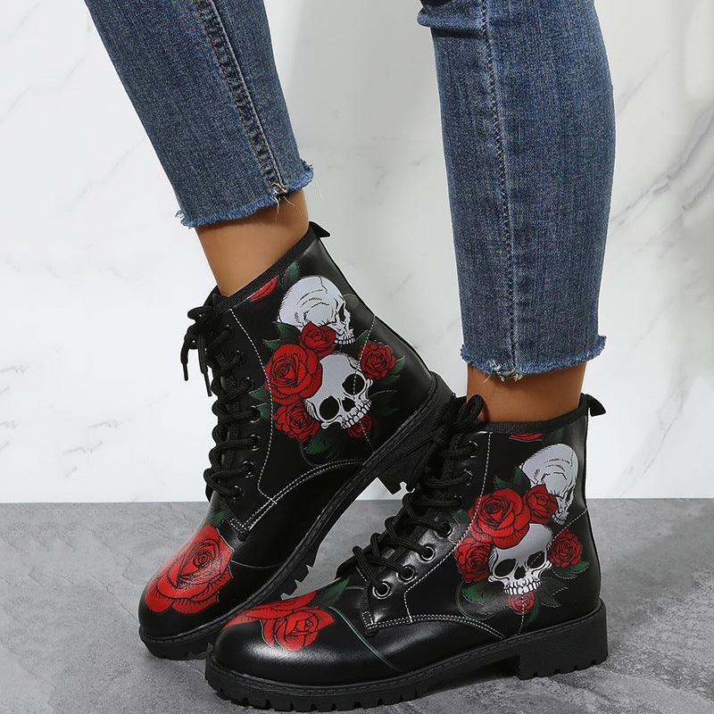 Halloween Shoes Rose Flower Print Lace-up Ankle Boots Women Angelwarriorfitness.com
