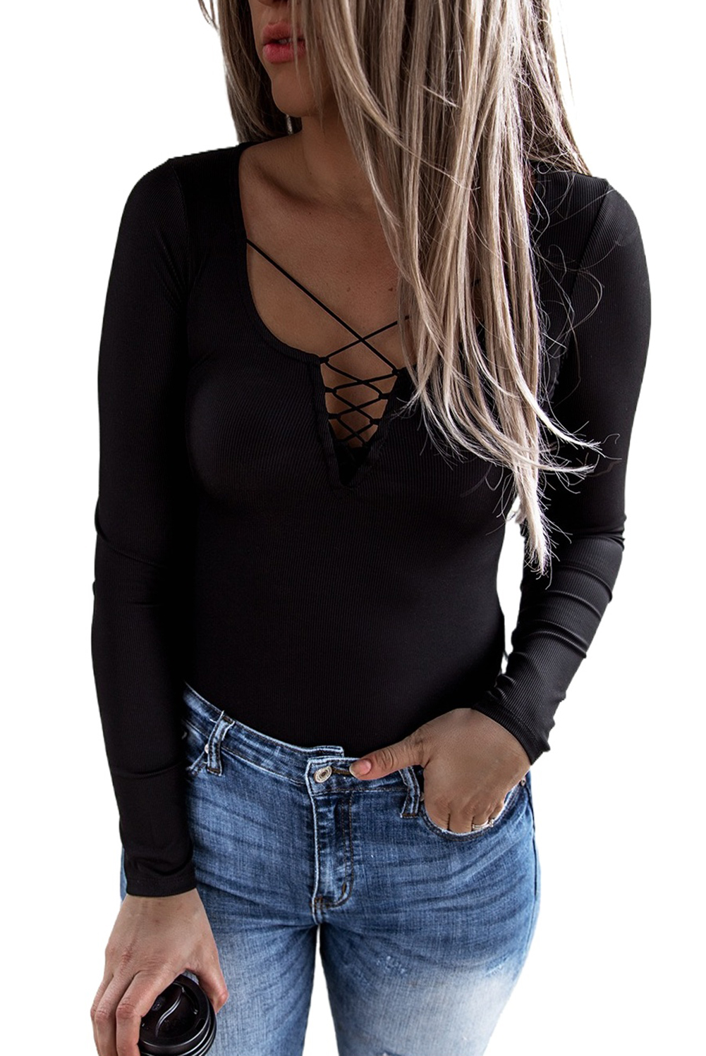 Black Ribbed Lace Up Slim Fit Knit Long Sleeve Top Angelwarriorfitness.com