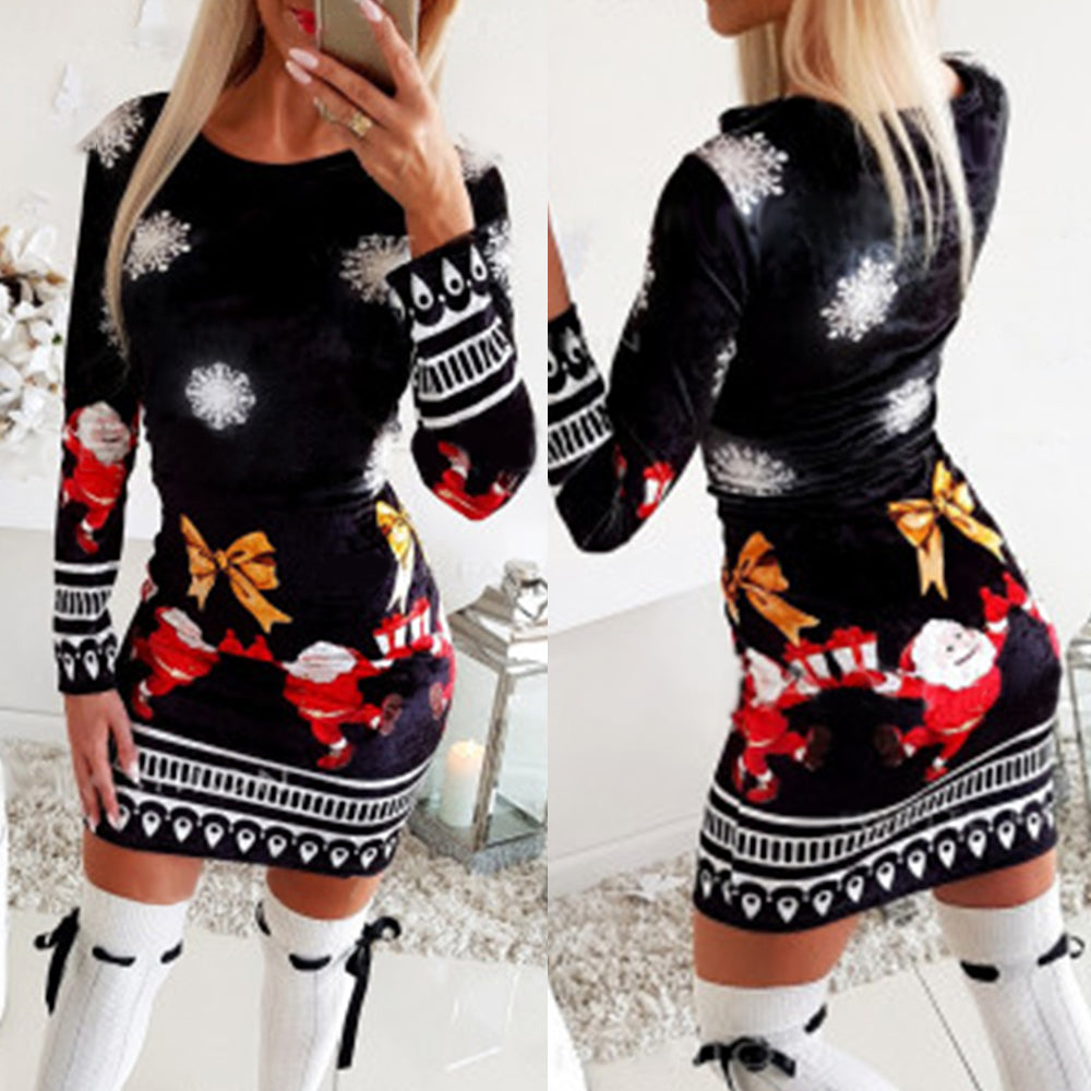 Long sleeve crew neck Christmas print sexy dress Angelwarriorfitness.com