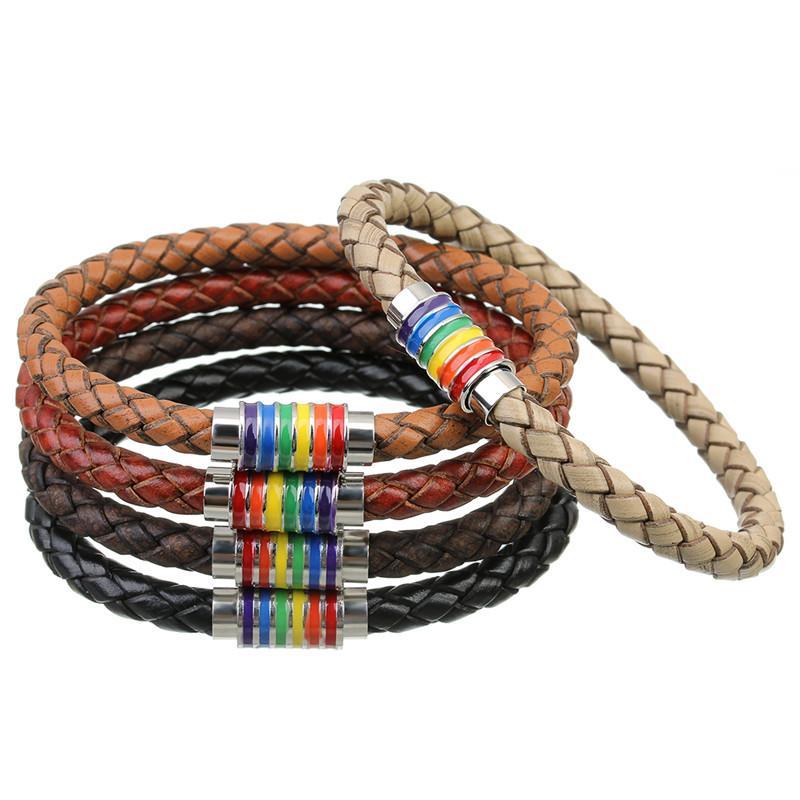 Fashion Gay Pride Rainbow Leather Bracelets For Women Men Black Brown Genuine Leather Bangle Magnetic Clasp LGBT Jewelry Angelwarriorfitness.com