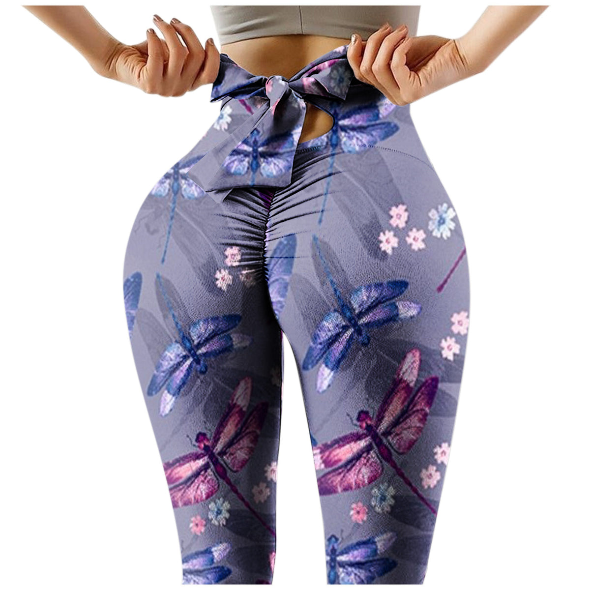 Print Yoga Leggings scrunchy Bow Tie High Waist Stretch Fitness Pants Gym Running Exercise Workout Leggings Angelwarriorfitness.com