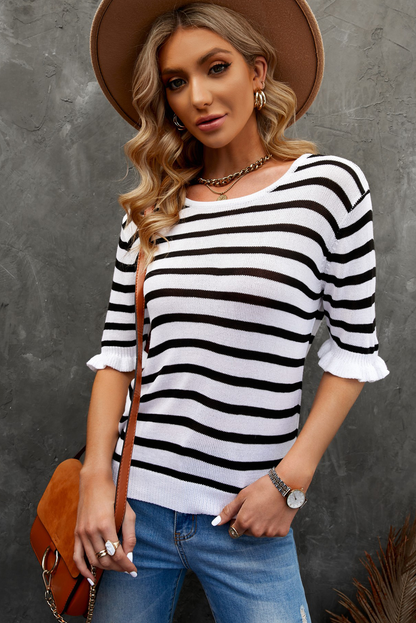 Striped Knit Ruffled Sleeves Top Angelwarriorfitness.com