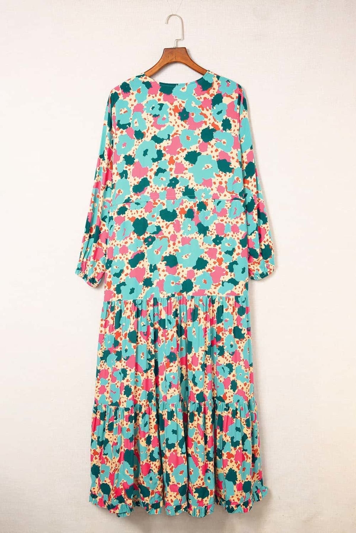 Multicolor Bohemia Print V Neck Ruffle Long Sleeve Maxi Dress Angelwarriorfitness.com