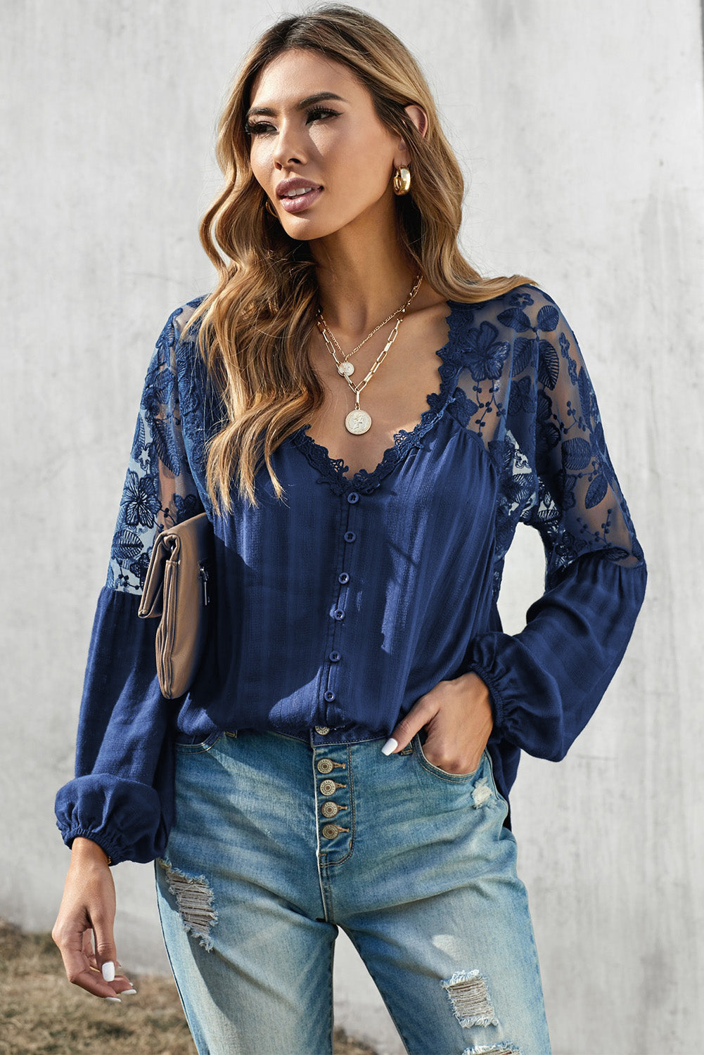 V Neckline Lace Shoulder Patchwork Blouse Angelwarriorfitness.com