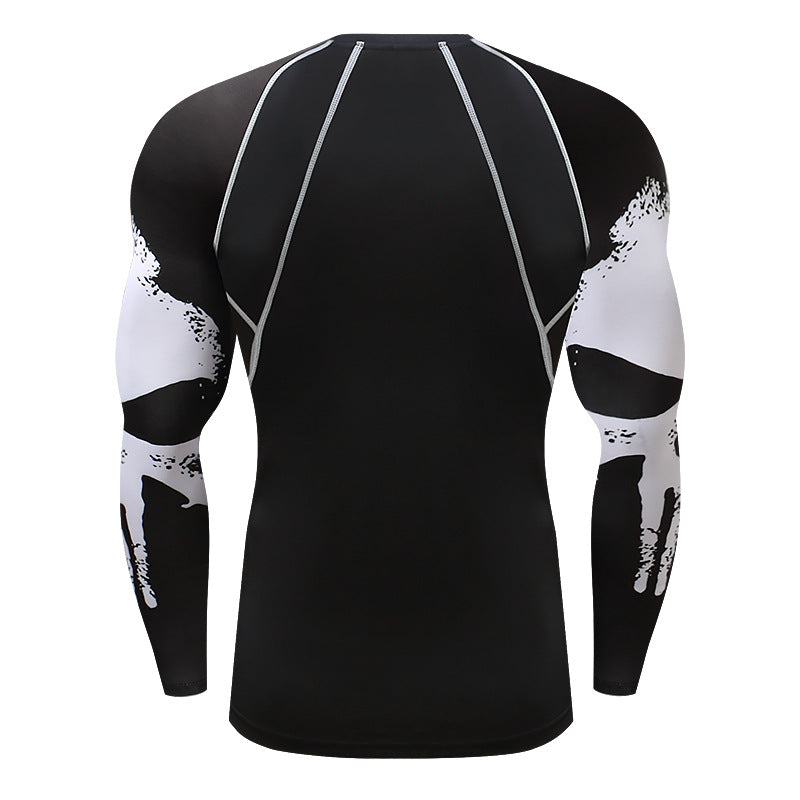 Skull Print Long Sleeve Men's Workout Clothes Stretch Quick Drying Clothes Basketball Riding Running Suit Round Neck Tight T-shirt Angelwarriorfitness.com