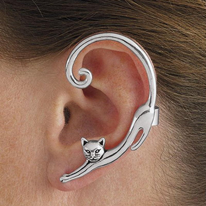 Single Piece Punk Style Cat Post Earring with Ear Cuff Rock Animal Black Stud Earring Angelwarriorfitness.com