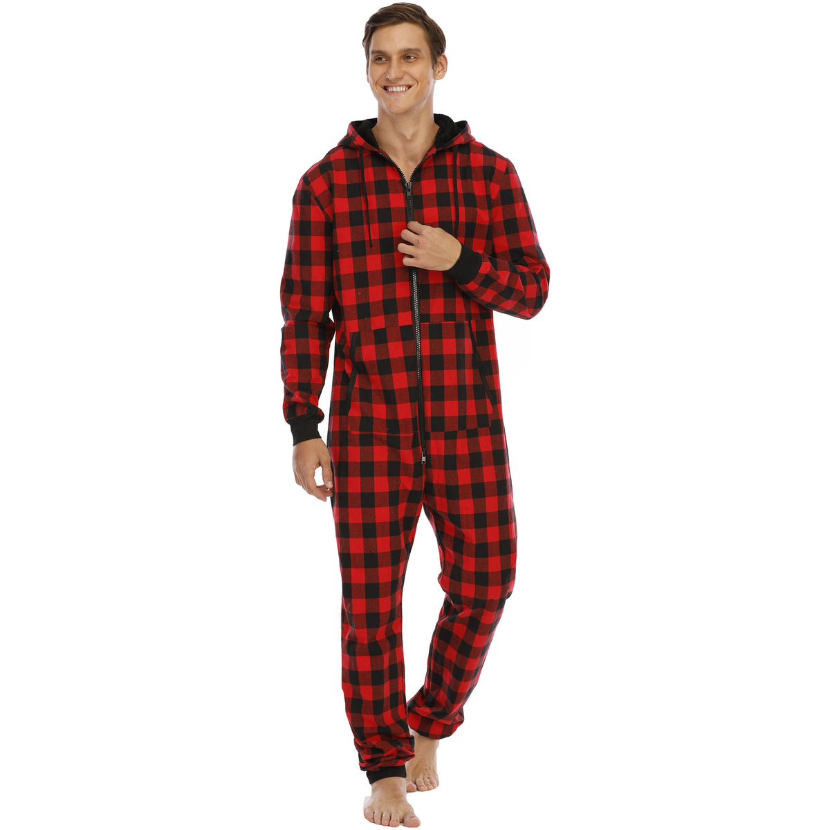 Men's Flannel Check Hooded One-piece Pajamas Angelwarriorfitness.com