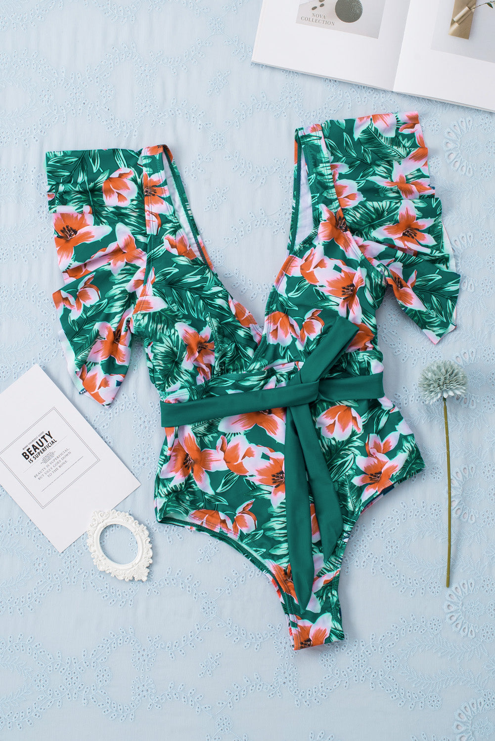 Green Sexy Deep V Neck Floral Print Ruffles One Piece Swimwear Angelwarriorfitness.com