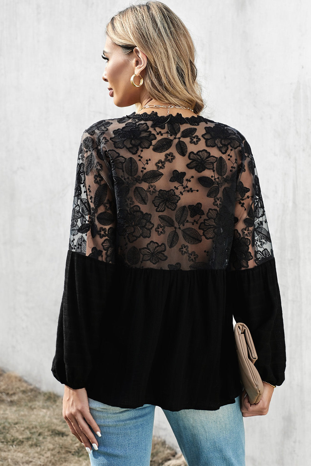 V Neckline Lace Shoulder Patchwork Blouse Angelwarriorfitness.com
