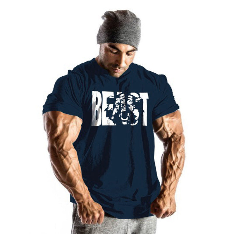 Printed beast men's collar sports cotton T-shirt muscle generation Angelwarriorfitness.com