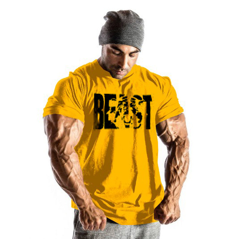 Printed beast men's collar sports cotton T-shirt muscle generation Angelwarriorfitness.com
