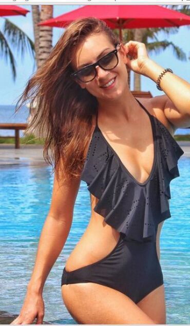 V Neck Lotus Leaf One-Piece Swimsuit Bathing Suit Bikini Angelwarriorfitness.com