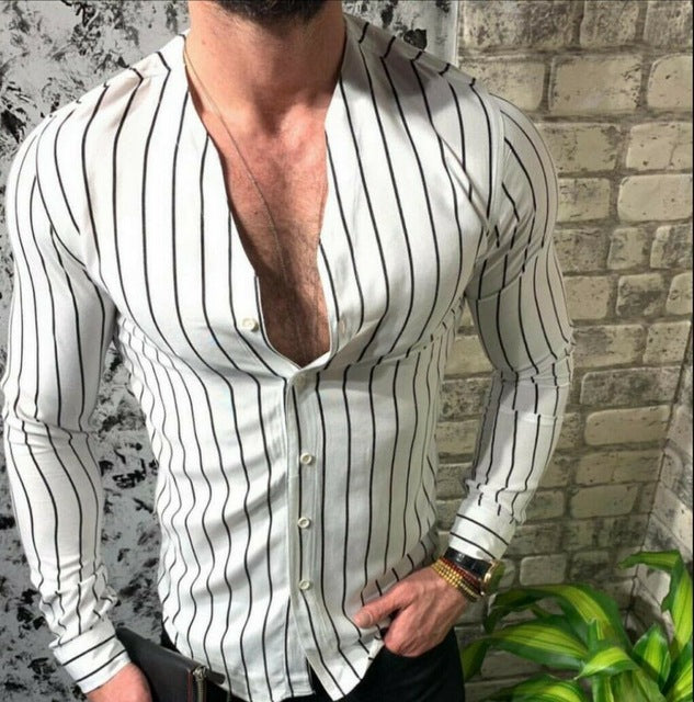 Mens Striped Long Sleeve V Neck Business Shirt Yellow Angelwarriorfitness.com