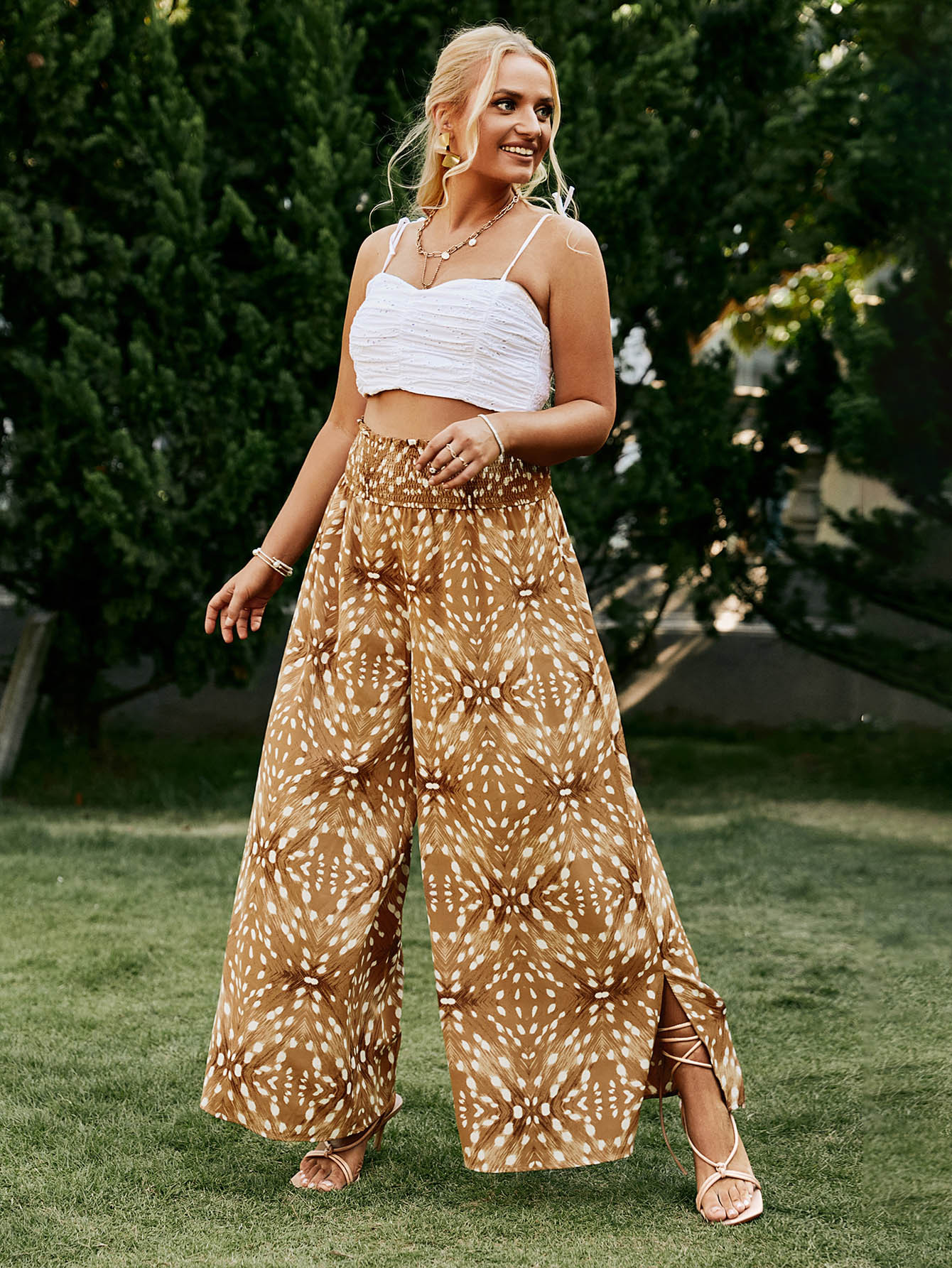 Plus Size Chiffon Print Elastic Waist Wide Leg Pants Angelwarriorfitness.com