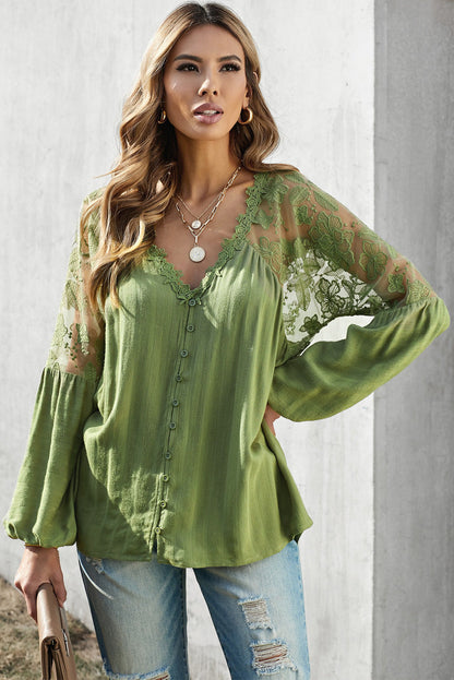 V Neckline Lace Shoulder Patchwork Blouse Angelwarriorfitness.com
