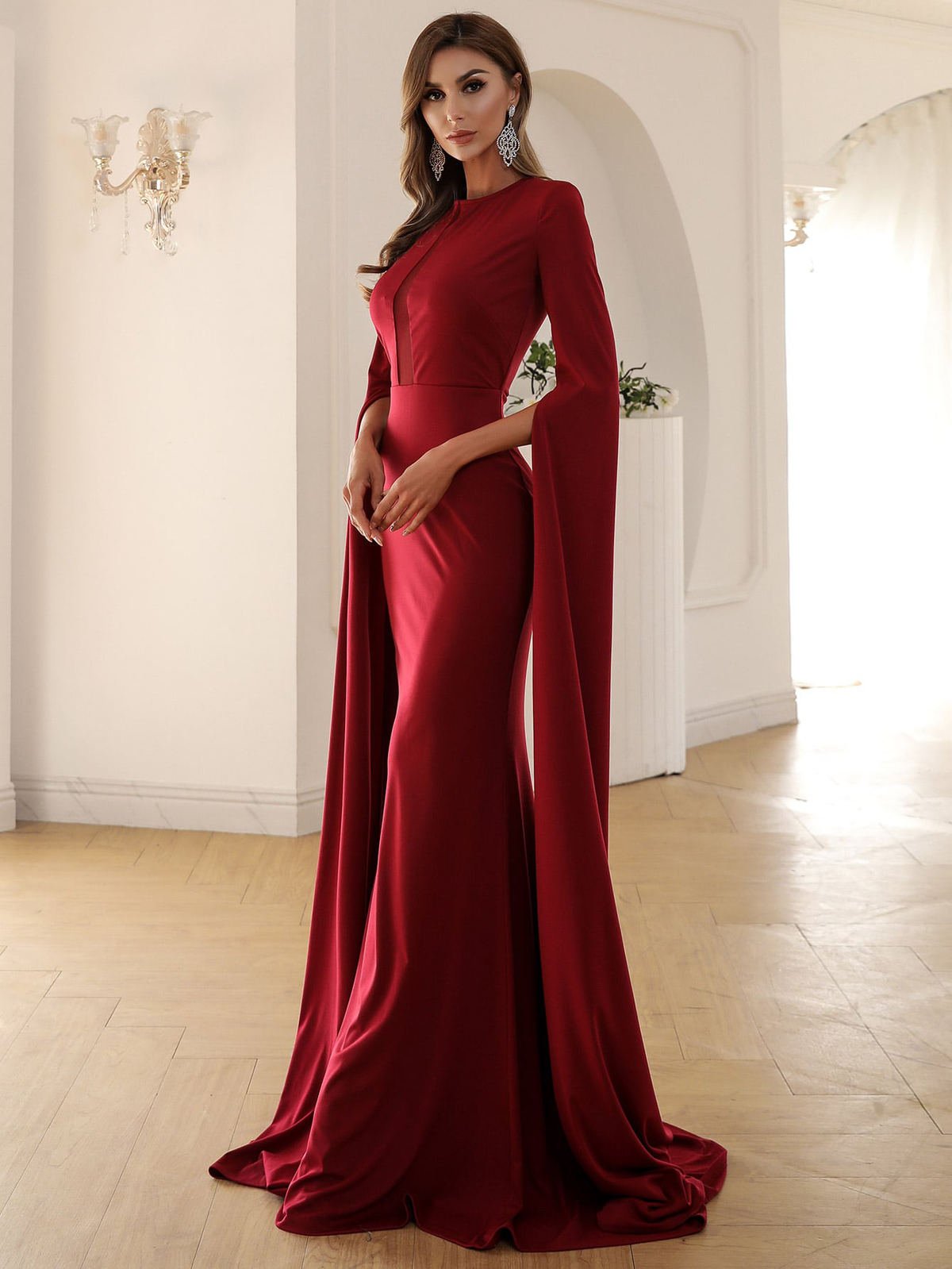 Split Sleeve Mesh Insert Maxi Prom Dress Angelwarriorfitness.com