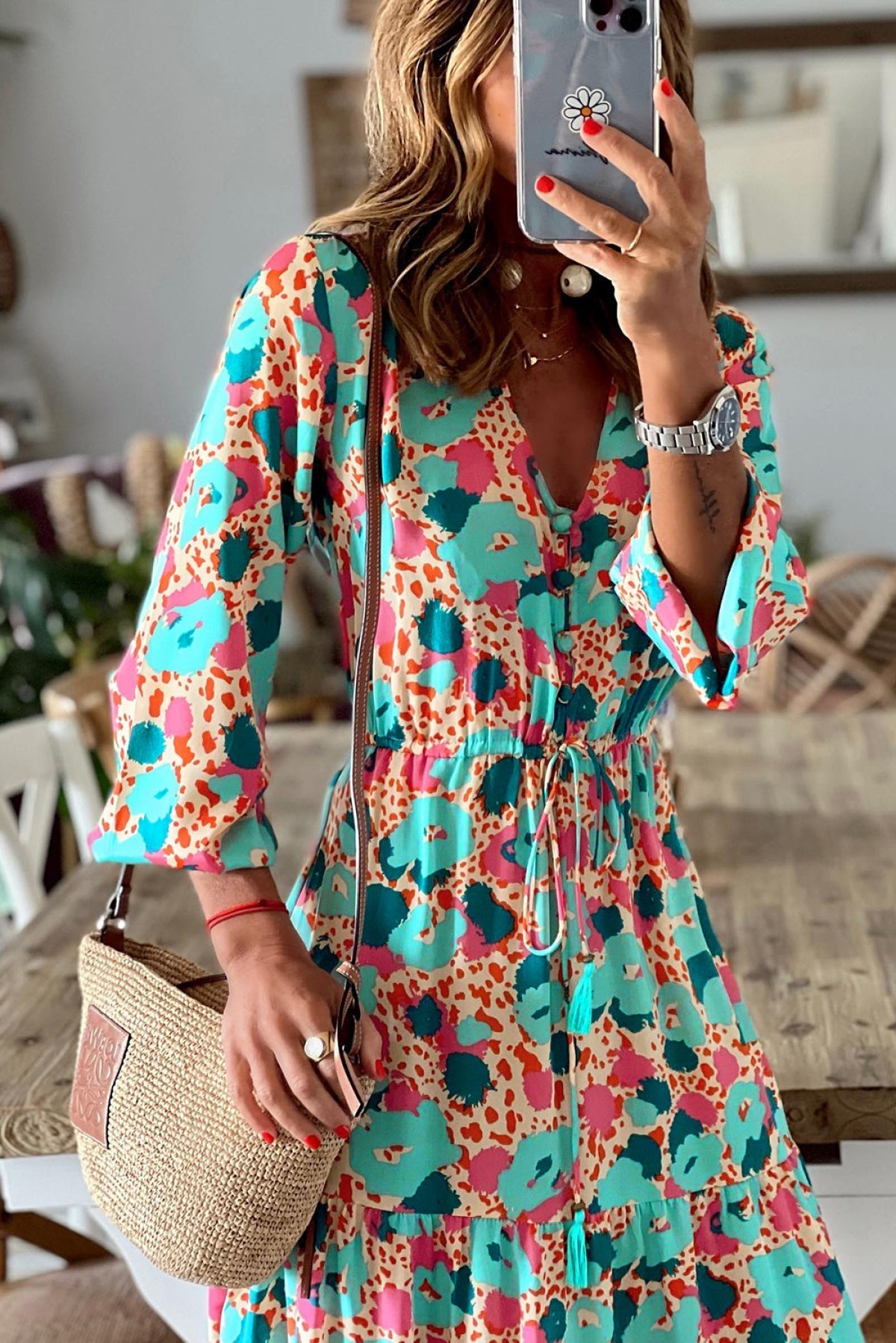 Multicolor Bohemia Print V Neck Ruffle Long Sleeve Maxi Dress Angelwarriorfitness.com