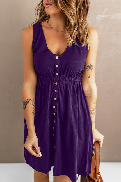 Button Front Empire Waist Sleeveless Slit Dress Angelwarriorfitness.com