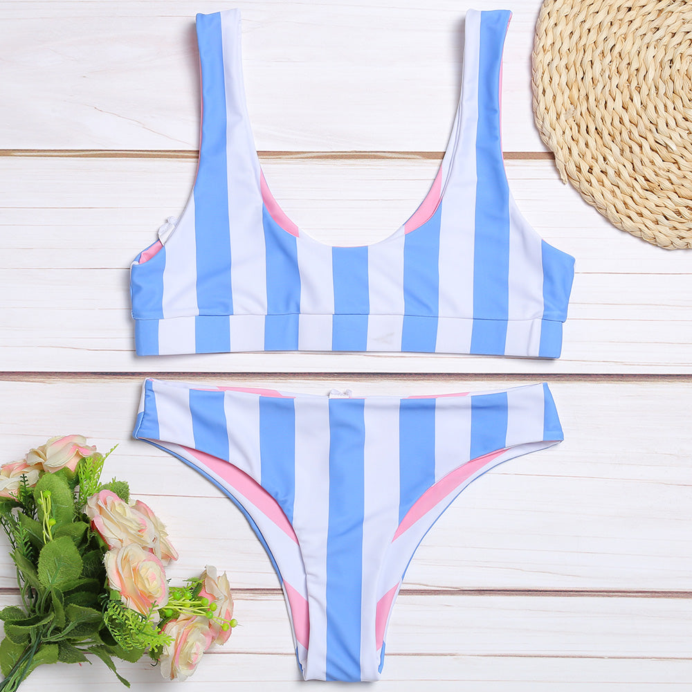 Women Sexy Swimsuit Scoop Neck Backless Stripe Female Bikini Set Summer Beach Bathing Suit Push Up Swimwear Biquinis Angelwarriorfitness.com