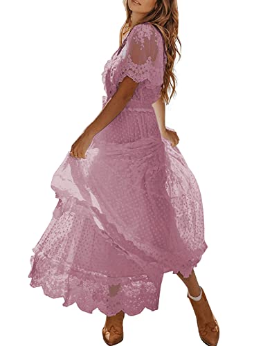 Women's V Neck Button Down Floral Lace Maxi Dress Casual Short Angelwarriorfitness.com