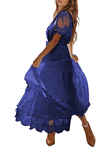 Women's V Neck Button Down Floral Lace Maxi Dress Casual Short Angelwarriorfitness.com