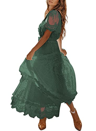 Women's V Neck Button Down Floral Lace Maxi Dress Casual Short Angelwarriorfitness.com