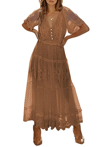 Women's V Neck Button Down Floral Lace Maxi Dress Casual Short Angelwarriorfitness.com