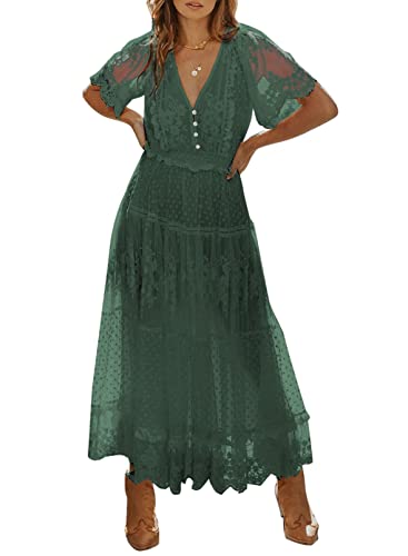 Women's V Neck Button Down Floral Lace Maxi Dress Casual Short Angelwarriorfitness.com