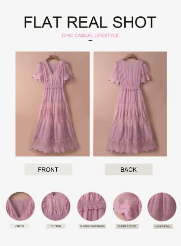Women's V Neck Button Down Floral Lace Maxi Dress Casual Short Angelwarriorfitness.com