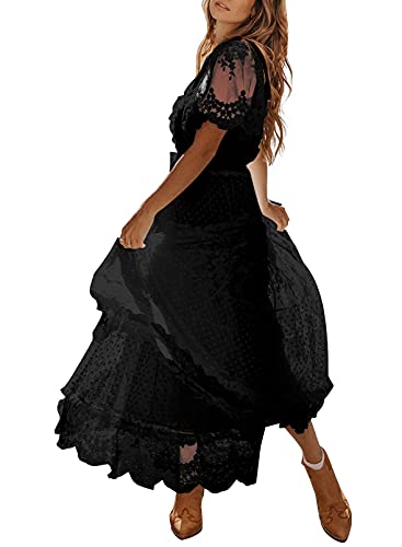Women's V Neck Button Down Floral Lace Maxi Dress Casual Short Angelwarriorfitness.com
