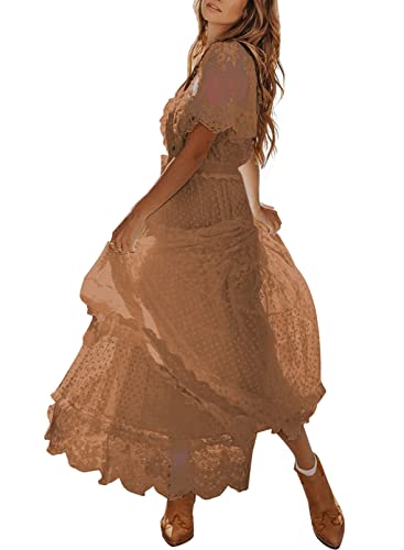 Women's V Neck Button Down Floral Lace Maxi Dress Casual Short Angelwarriorfitness.com