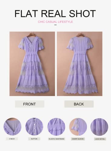 Women's V Neck Button Down Floral Lace Maxi Dress Casual Short Angelwarriorfitness.com