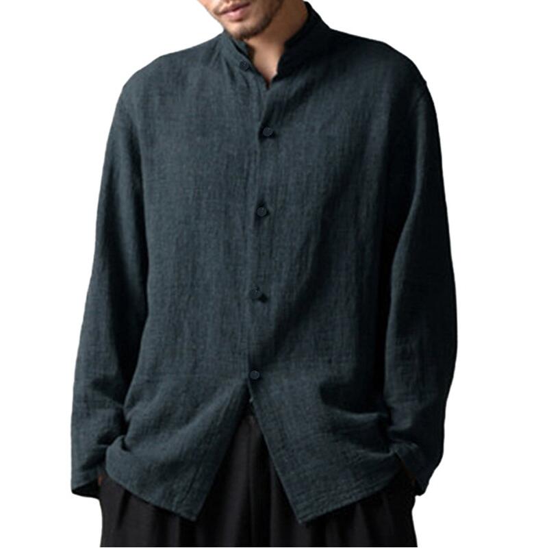 Mens Vintage Chinese Style Cotton Stand Collar Casual Long Sleeve Loose Shirts Angelwarriorfitness.com