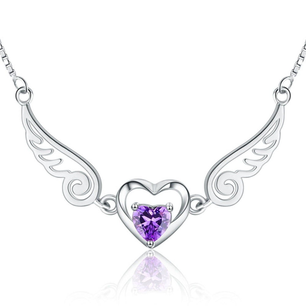 Angel Wings Necklace Pure Silver 925 Jewelry Romantic Purple Crystal Heart Necklaces For Women Sterling-Silver-Jewelry Necklace Angelwarriorfitness.com