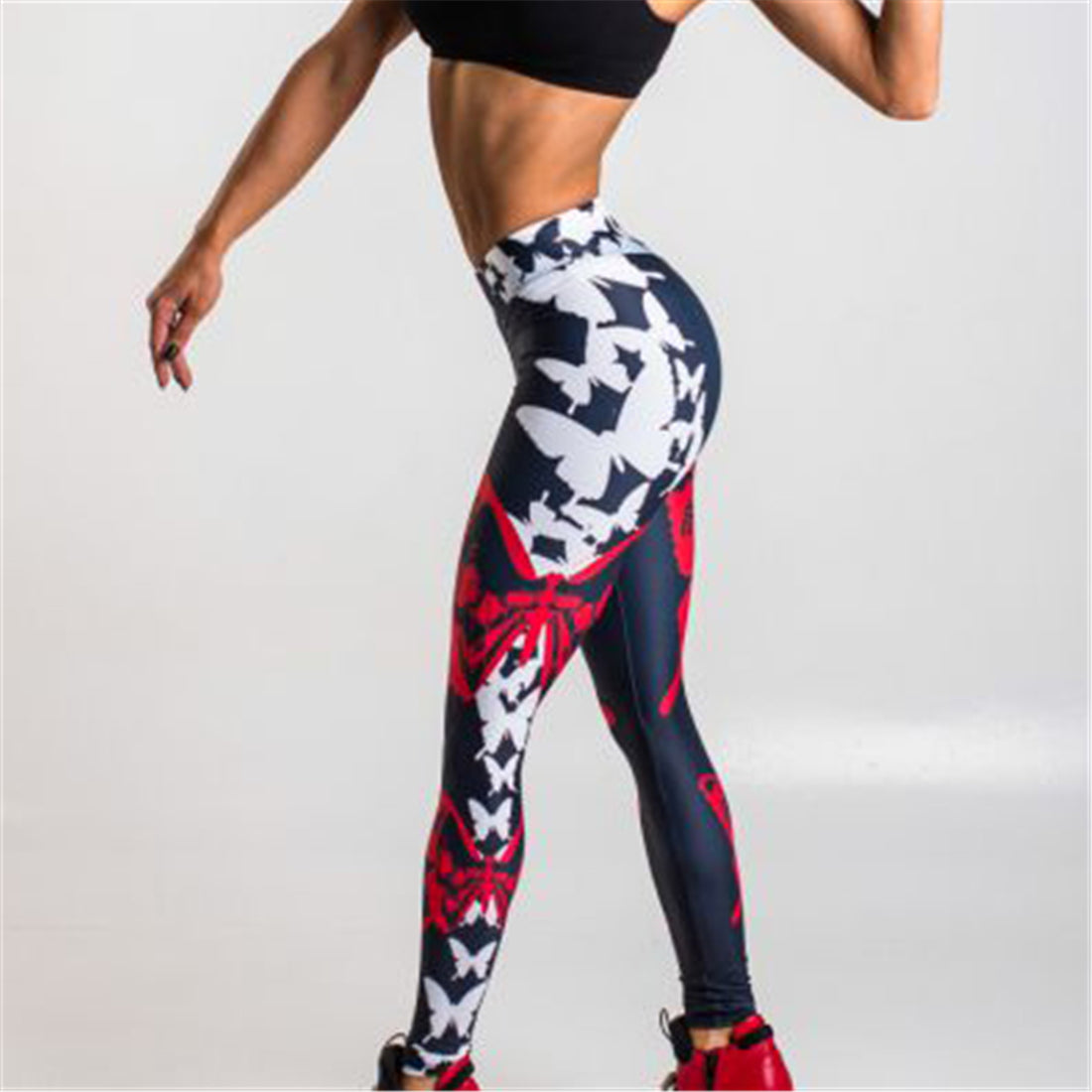 Red Butterfly Print Leggings Women's Sports Yoga Pants Angelwarriorfitness.com