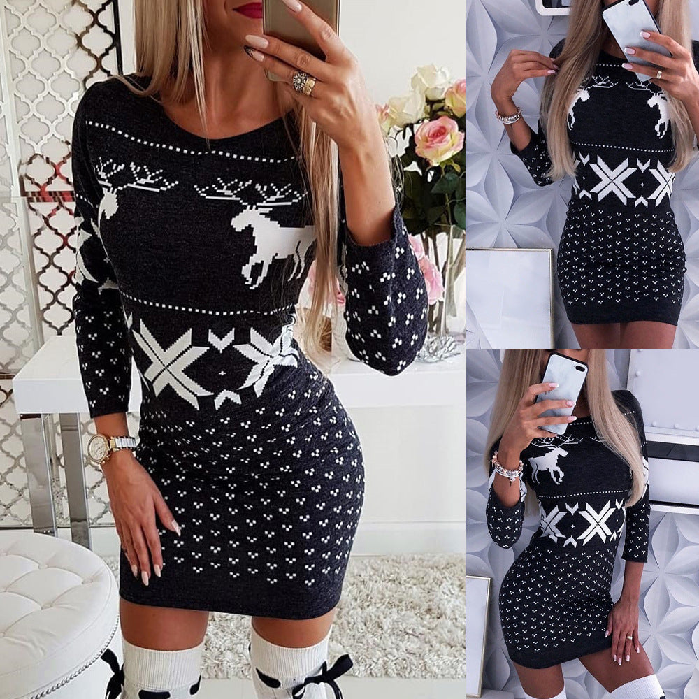 Christmas digital printing tight-fitting hip dress, long-sleeved thin T-shirt and skirt Angelwarriorfitness.com