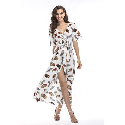 Maxi Dress Boho Beach Floral Vintage V Neck Casual Dress Angelwarriorfitness.com