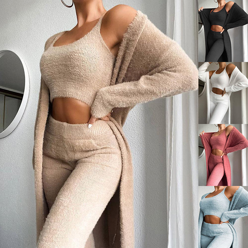 Women Fashion Solid Fluffy Plain Crop Top & Skinny Pants & Longline Coat Set Warm Cozy Suit Sets Angelwarriorfitness.com