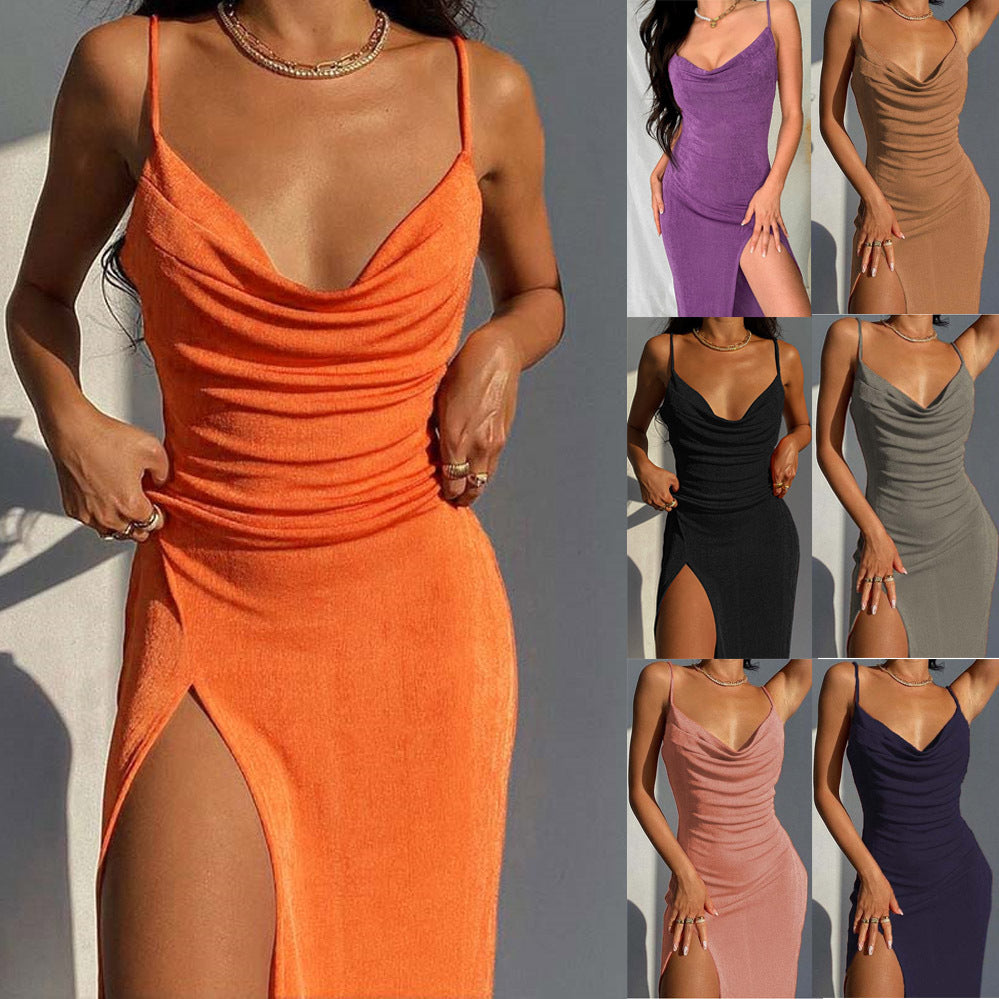 European And American Smooth Knitted Women's Slit Suspender Dress Angelwarriorfitness.com