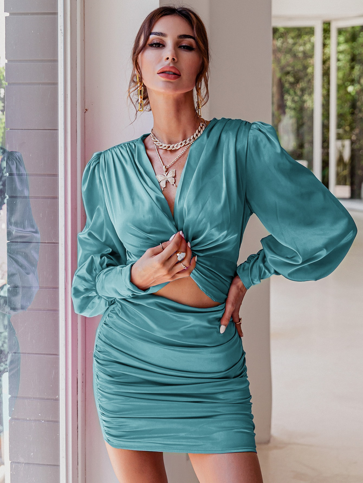 Twist Front Ruched Satin Dress Angelwarriorfitness.com