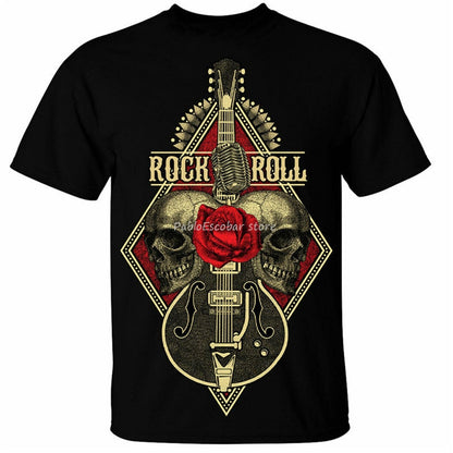 men cotton tshirt Rock N Roll Guitar T-Shirt Mens Skull Metal Band Death Heavy Music Guitarist Harajuku Funny Tee Shirt Angelwarriorfitness.com