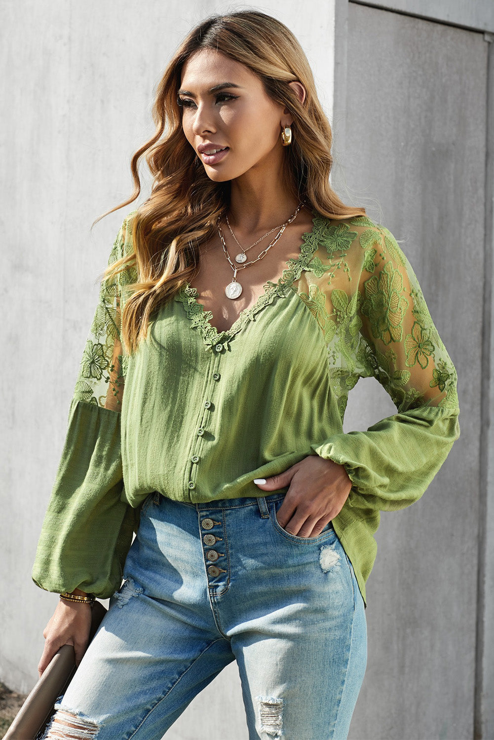 V Neckline Lace Shoulder Patchwork Blouse Angelwarriorfitness.com