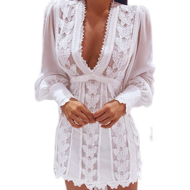 White Elegant Dresses Sexy V Neck Lace Dress Long Puff Sleeve Butterfly Dress For Women Angelwarriorfitness.com