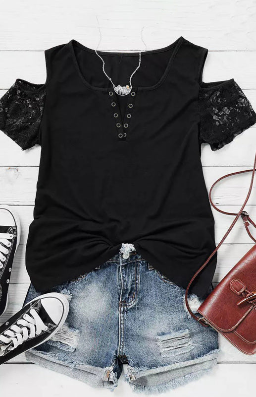 Women's Black Lace Panel Cold Shoulder T-Shirt Angelwarriorfitness.com