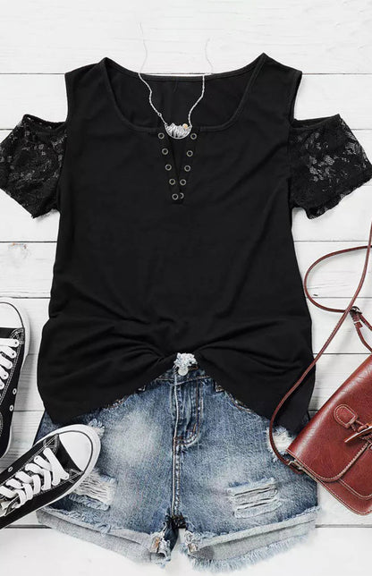 Women's Black Lace Panel Cold Shoulder T-Shirt Angelwarriorfitness.com
