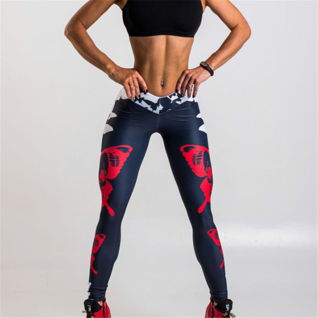 Red Butterfly Print Leggings Women's Sports Yoga Pants Angelwarriorfitness.com