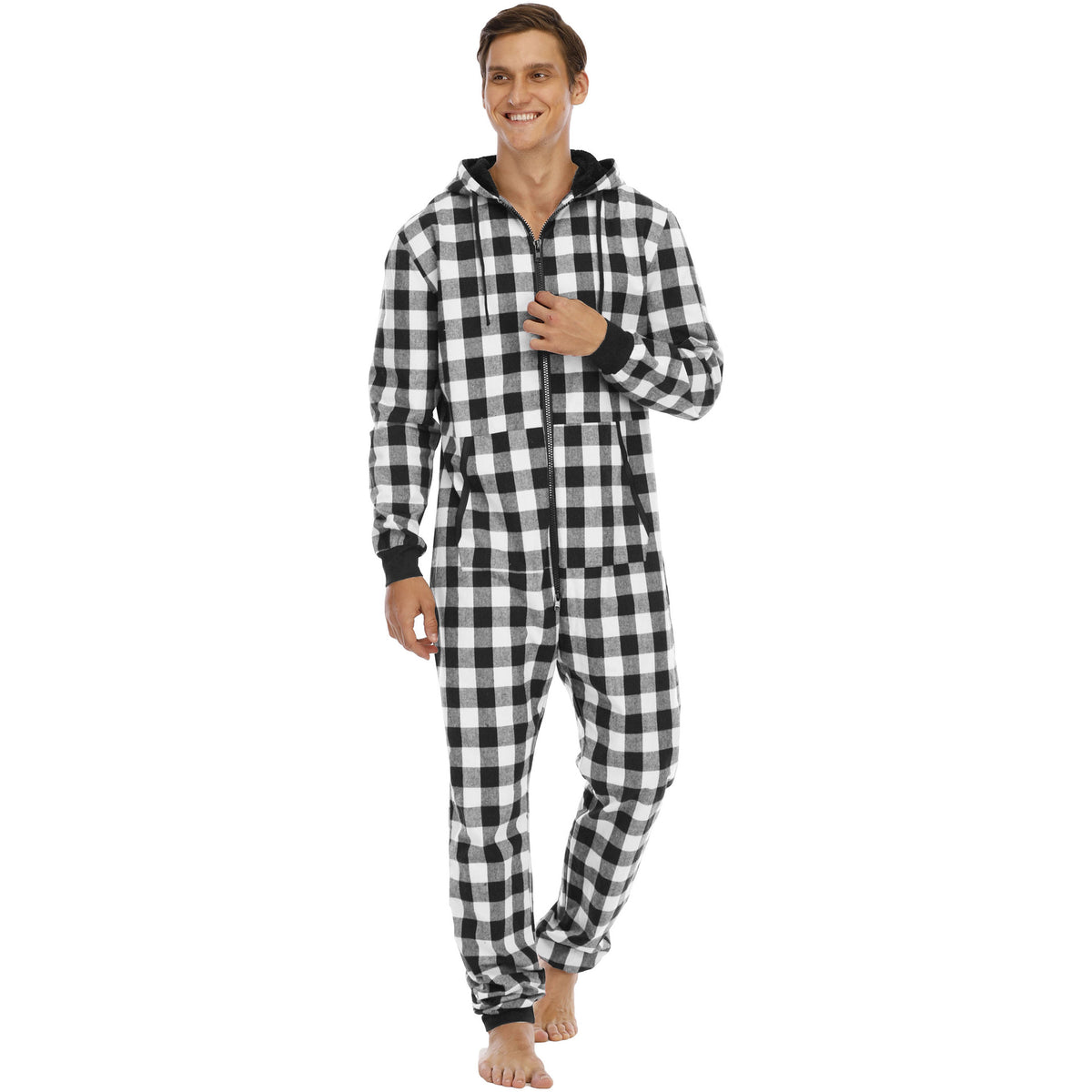 Men's Flannel Check Hooded One-piece Pajamas Angelwarriorfitness.com